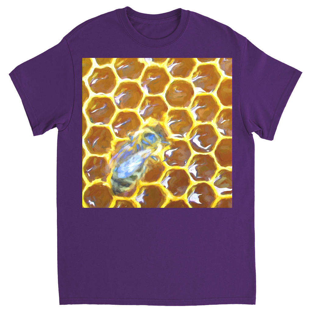 Bee on Honeycomb Unisex Adult T-Shirt Purple Shirts & Tops apparel
