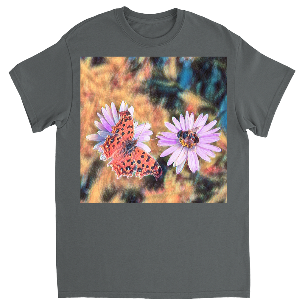 Vintage Butterfly & Bee on Purple Flower Unisex Adult T-Shirt Charcoal Shirts & Tops apparel