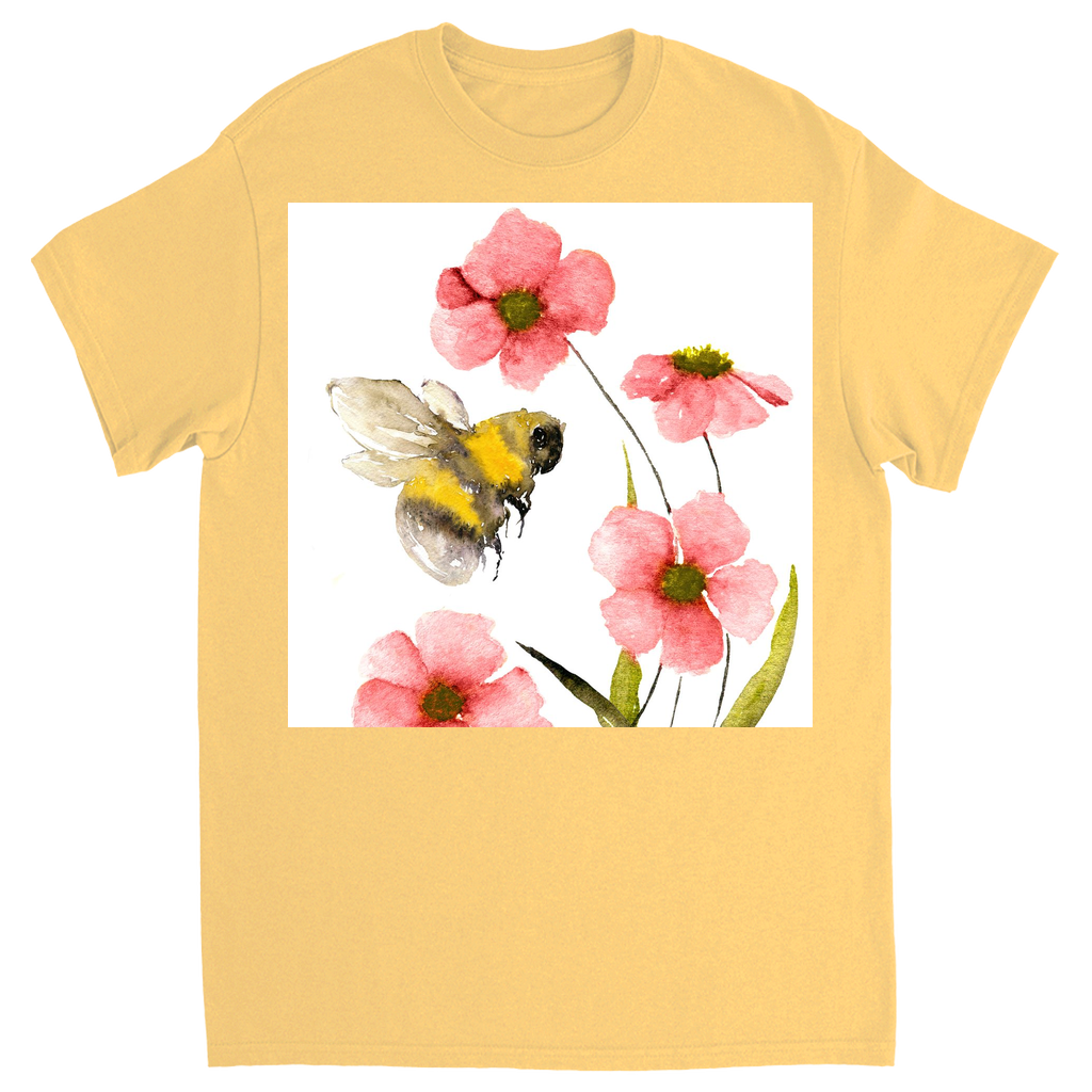 Classic Watercolor Bee with Pink Flowers Unisex Adult T-Shirt Yellow Haze Shirts & Tops apparel