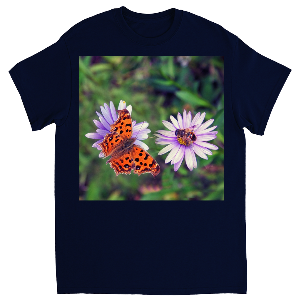 Butterfly & Bee on Purple Flower Unisex Adult T-Shirt Navy Blue Shirts & Tops apparel