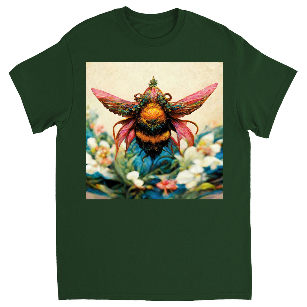 Fantasy Bee Hovering on Flower Unisex Adult T-Shirt Forest Green Shirts & Tops apparel Fantasy Bee Hovering on Flower