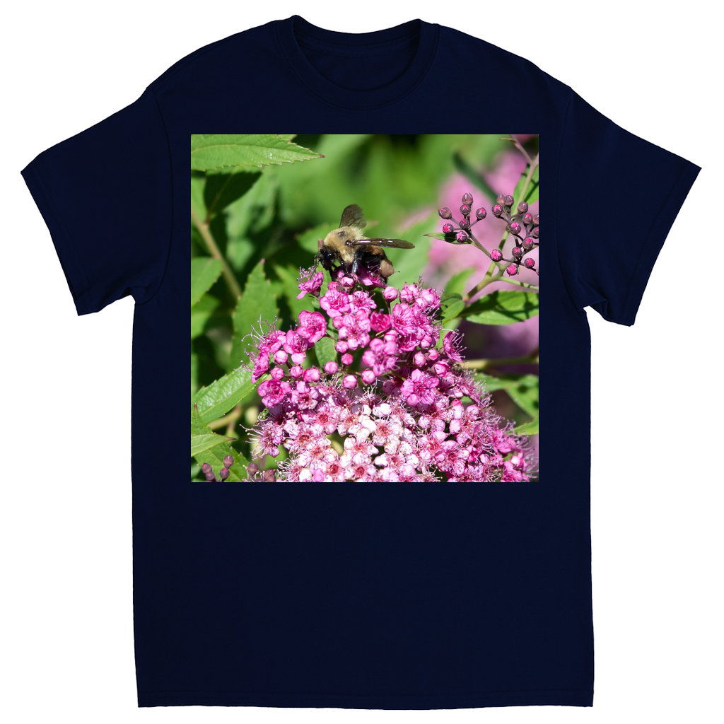 Bumble Bee on a Mound of Pink Flowers Unisex Adult T-Shirt Navy Blue Shirts & Tops apparel
