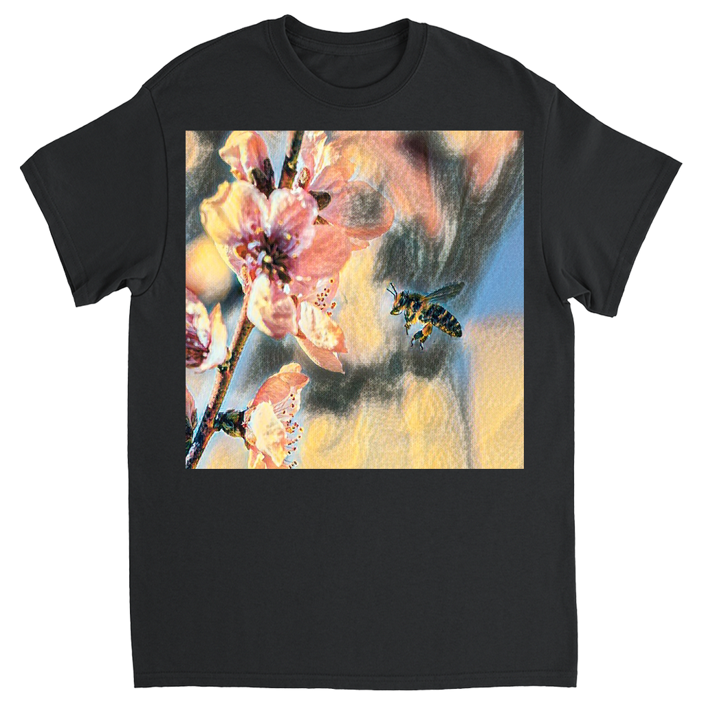 Watercolor Bee with Flower Unisex Adult T-Shirt Black Shirts & Tops apparel