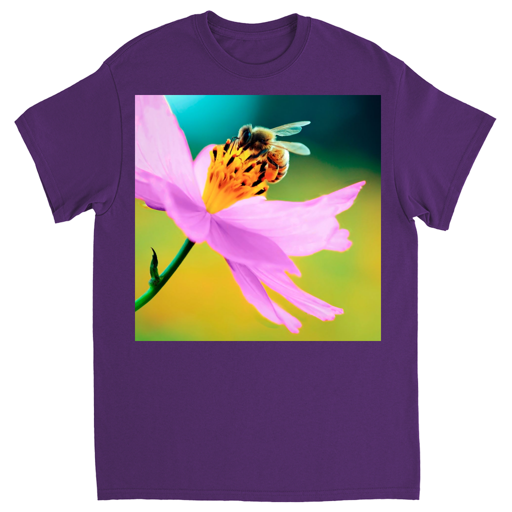Bee on Delicate Purple Flower Unisex Adult T-Shirt Purple Shirts & Tops apparel