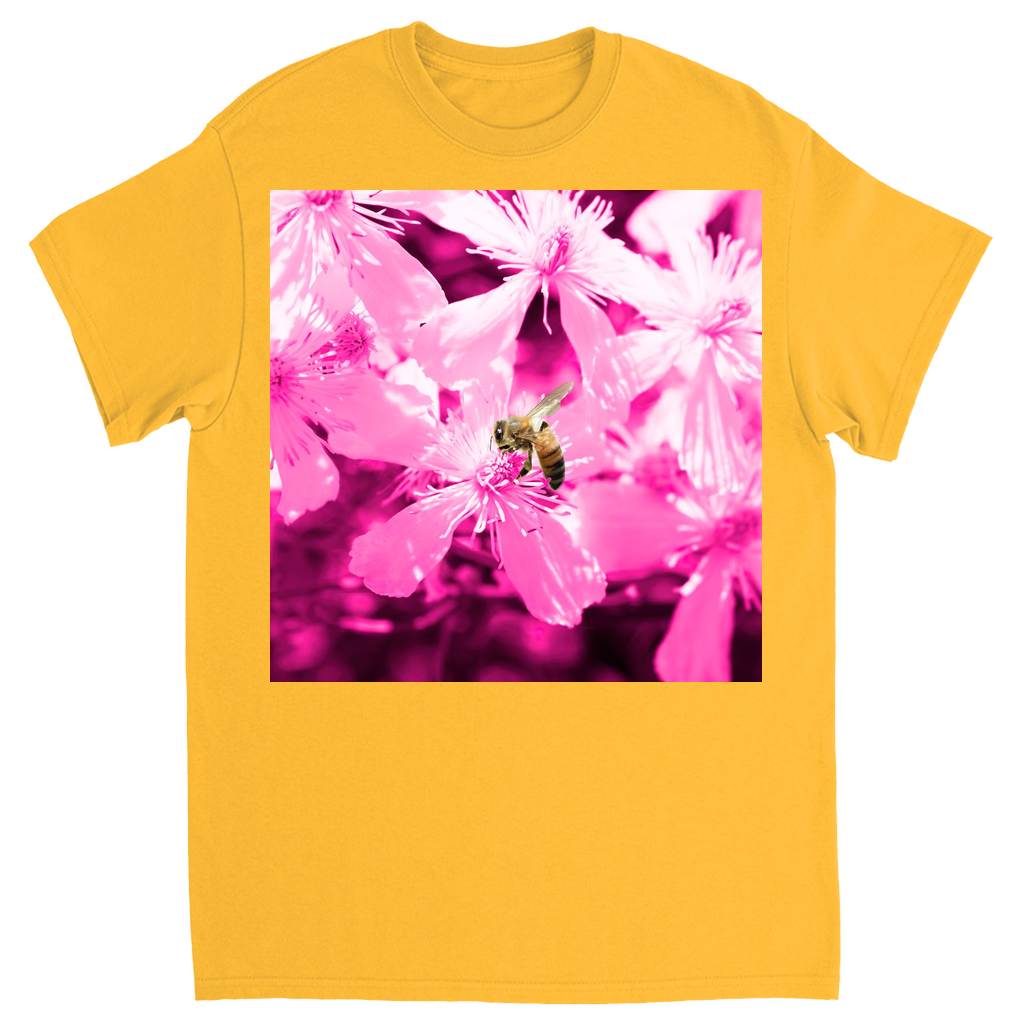 Bee with Glowing Pink Flowers Unisex Adult T-Shirt Gold Shirts & Tops apparel