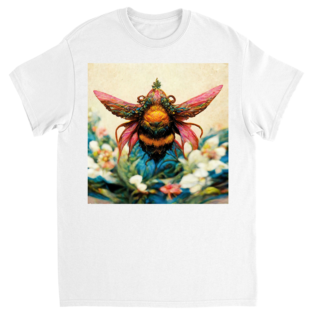 Fantasy Bee Hovering on Flower Unisex Adult T-Shirt White Shirts & Tops apparel Fantasy Bee Hovering on Flower