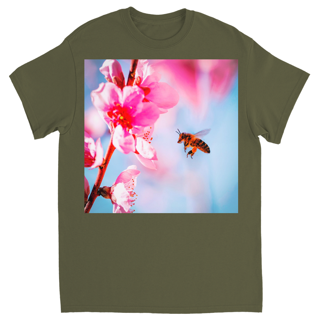 Bee with Hot Pink Flower Unisex Adult T-Shirt Military Green Shirts & Tops apparel art