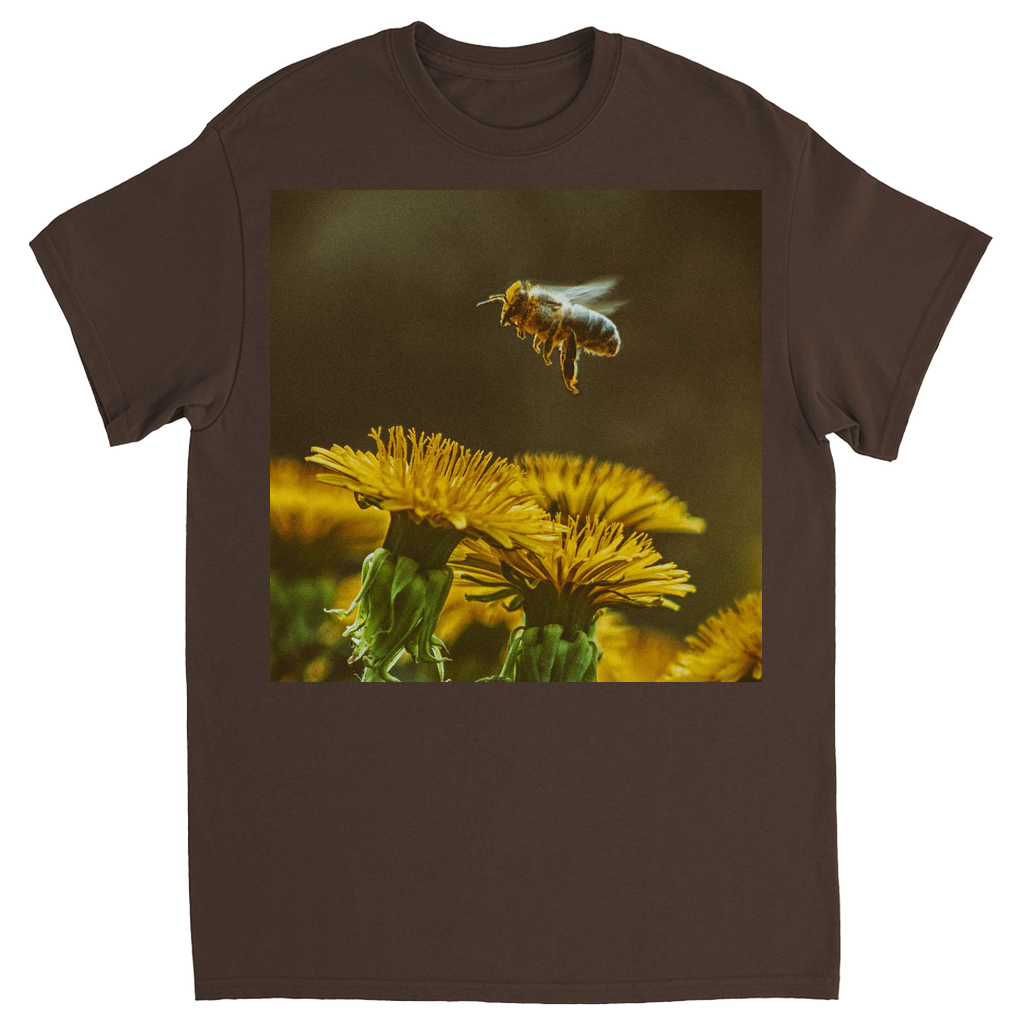 Golden Bee Hovering Over Flower Unisex Adult T-Shirt Dark Chocolate Shirts & Tops