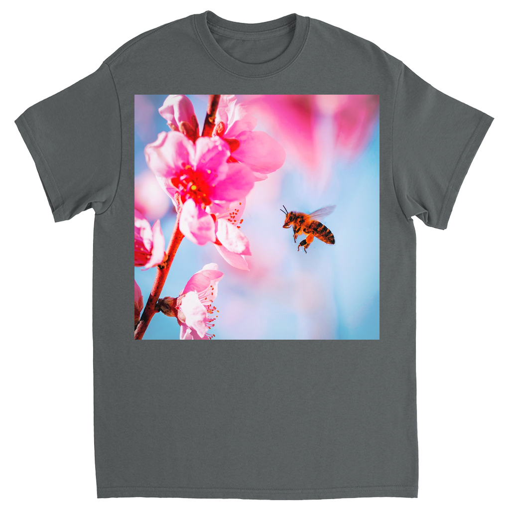 Bee with Hot Pink Flower Unisex Adult T-Shirt Charcoal Shirts & Tops apparel art