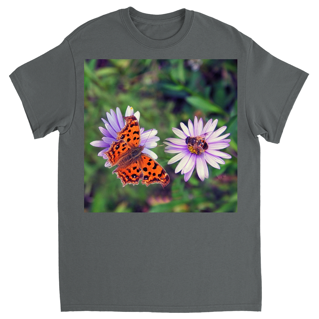 Butterfly & Bee on Purple Flower Unisex Adult T-Shirt Charcoal Shirts & Tops apparel
