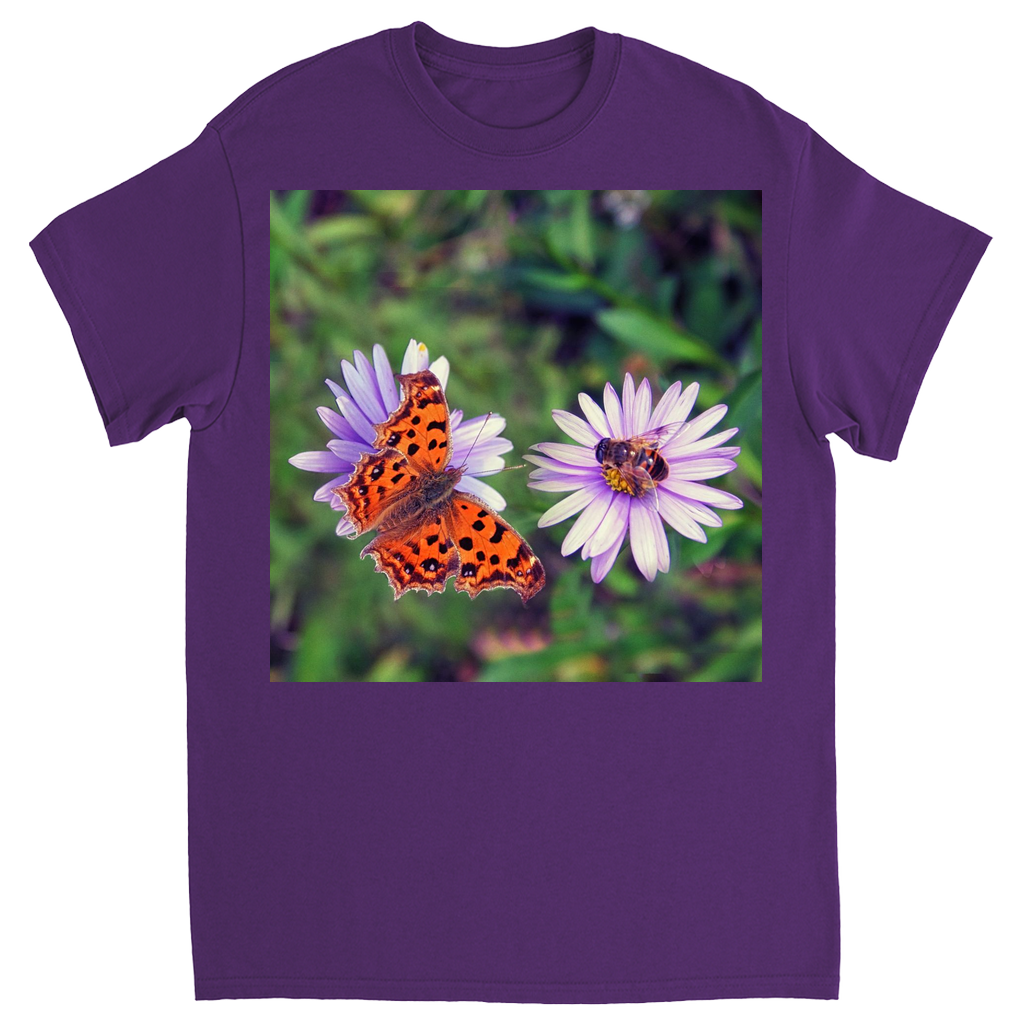 Butterfly & Bee on Purple Flower Unisex Adult T-Shirt Purple Shirts & Tops apparel