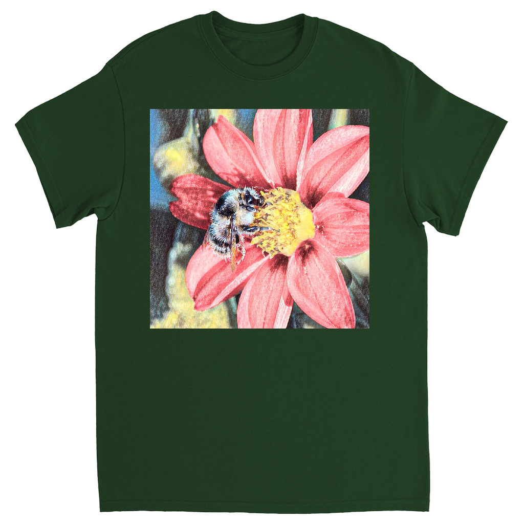 Painted Red Flower Bee Unisex Adult T-Shirt Forest Green Shirts & Tops apparel