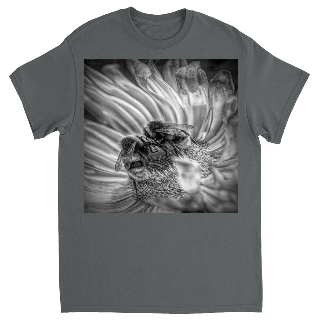Black and White Bees on Flower Unisex Adult T-Shirt Charcoal Shirts & Tops apparel
