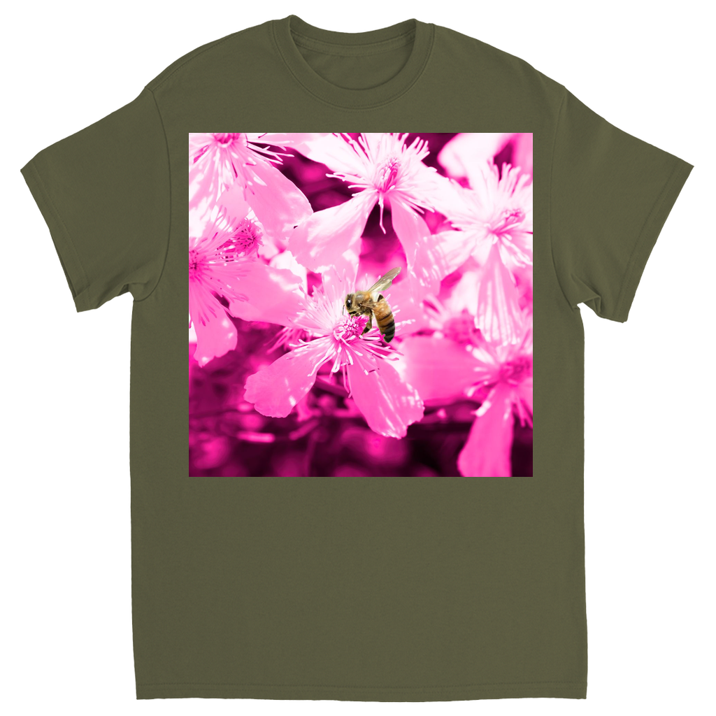Bee with Glowing Pink Flowers Unisex Adult T-Shirt Military Green Shirts & Tops apparel