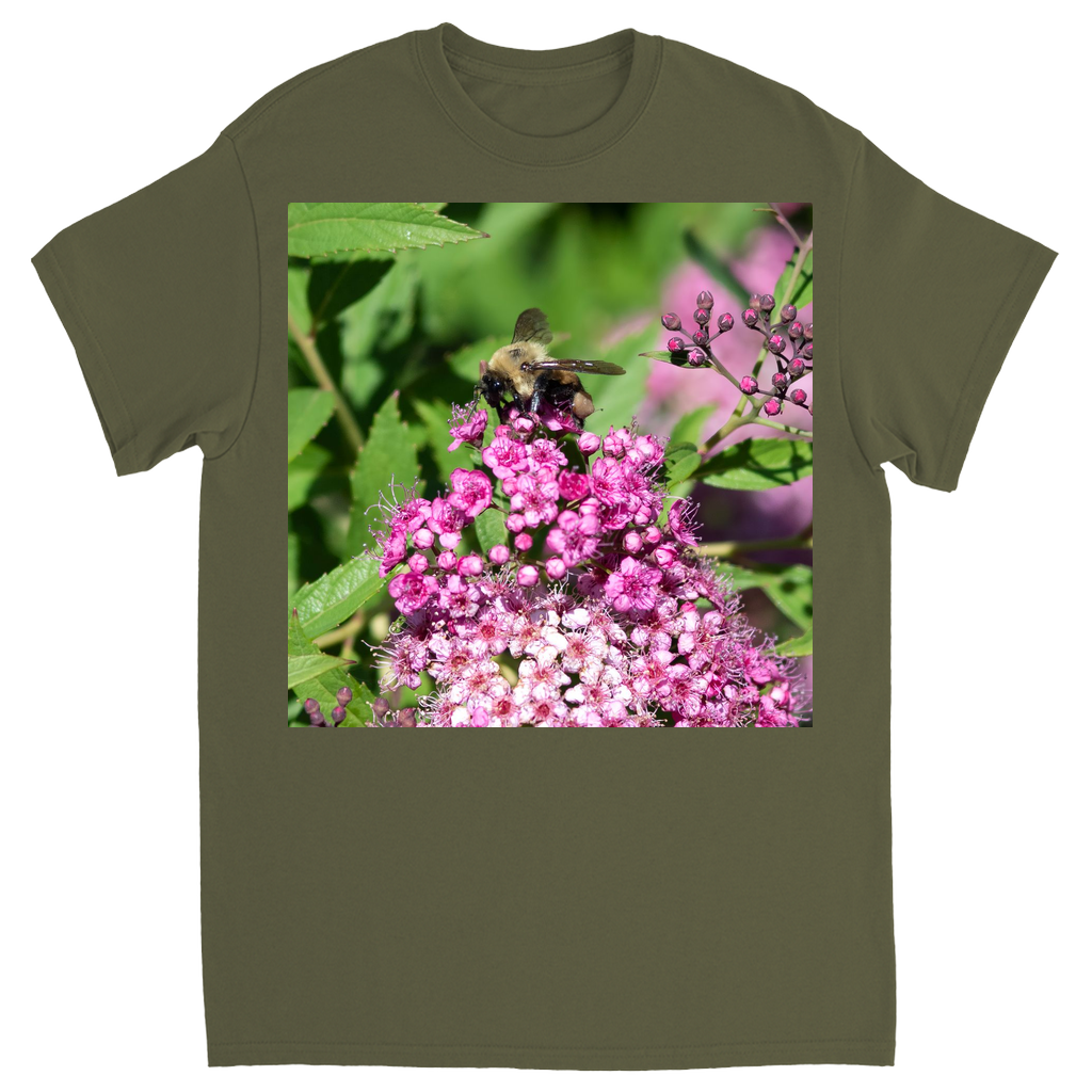 Bumble Bee on a Mound of Pink Flowers Unisex Adult T-Shirt Military Green Shirts & Tops apparel