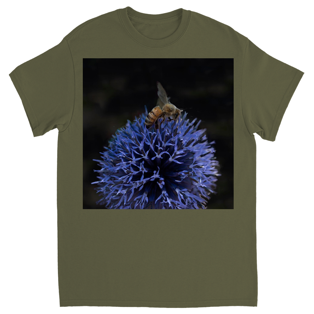 Bee on a Purple Ball Flower Unisex Adult T-Shirt Military Green Shirts & Tops apparel