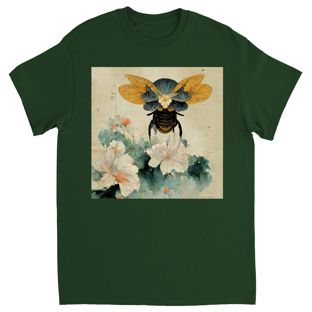 Vintage Japanese Paper Flying Bee Unisex Adult T-Shirt Forest Green Shirts & Tops apparel Vintage Japanese Paper Flying Bee