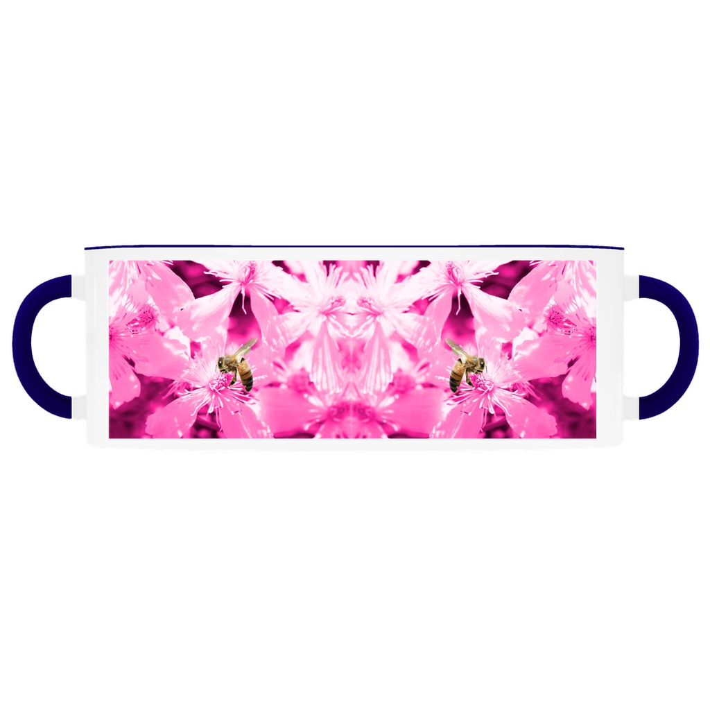 Bee with Glowing Pink Flowers Accent Mug 11 oz White With Dark Blue Accents Coffee & Tea Cups gifts