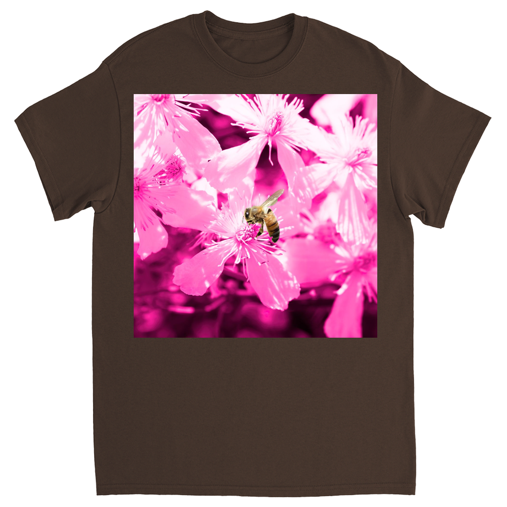 Bee with Glowing Pink Flowers Unisex Adult T-Shirt Dark Chocolate Shirts & Tops apparel
