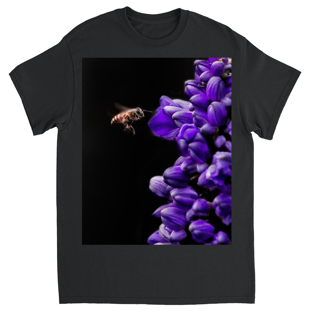 Buzzing Bee with Purple Flower Unisex Adult T-Shirt Black Shirts & Tops apparel Buzzing Bee with Purple Flower