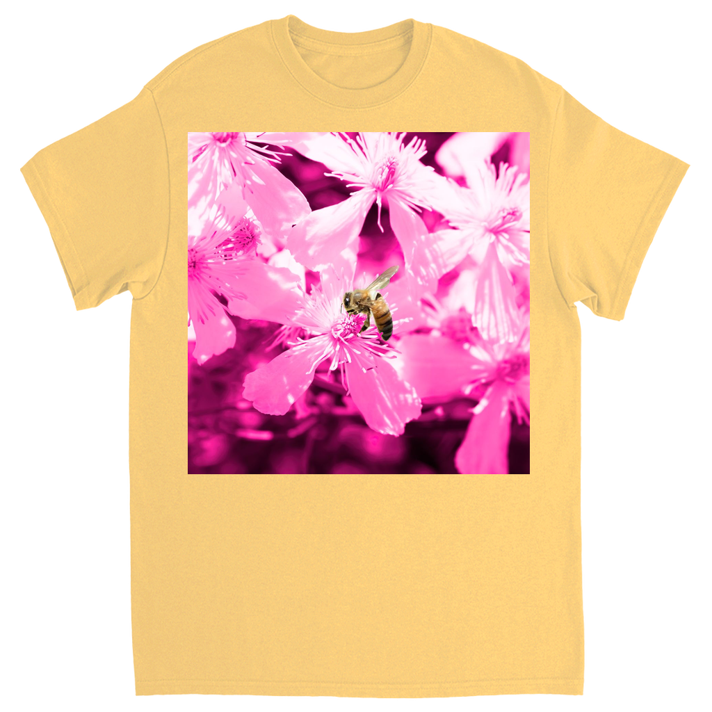 Bee with Glowing Pink Flowers Unisex Adult T-Shirt Yellow Haze Shirts & Tops apparel