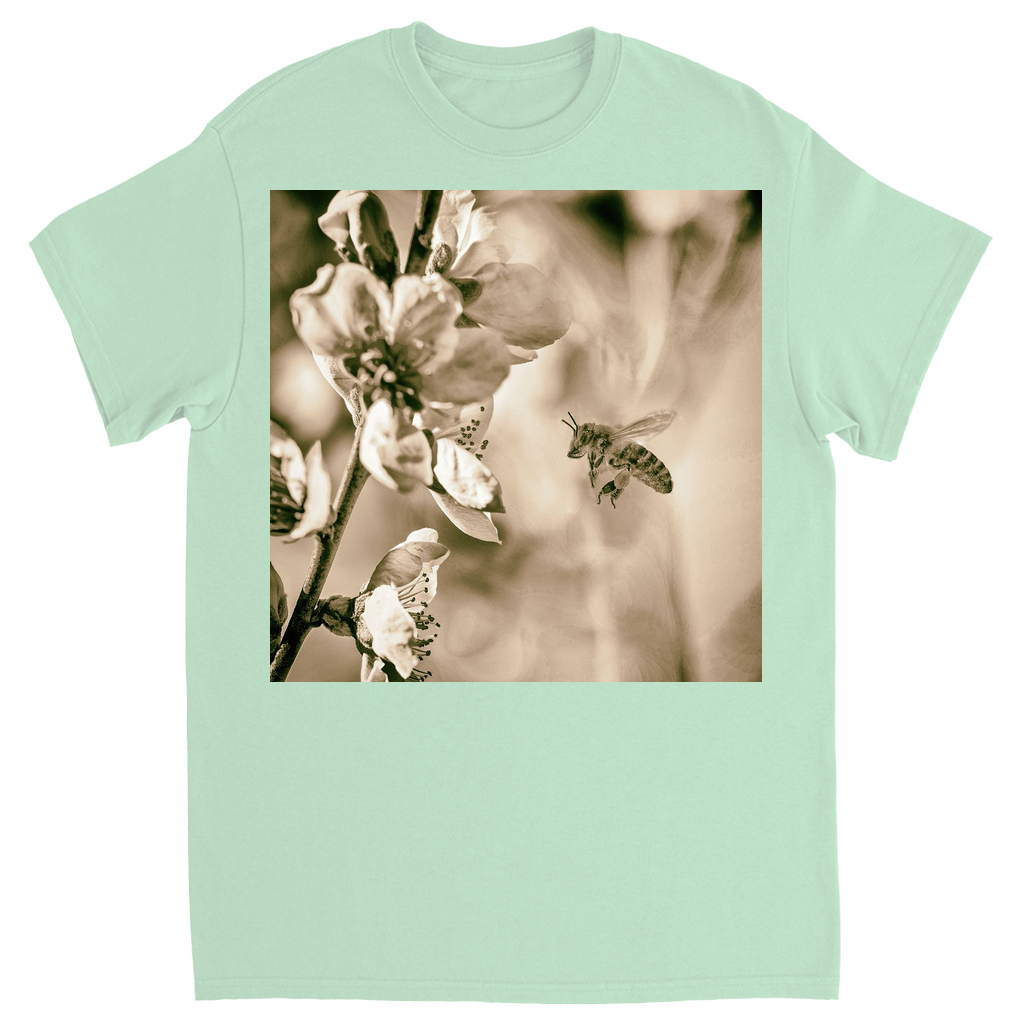 Sepia Bee with Flower Unisex Adult T-Shirt Mint Shirts & Tops apparel