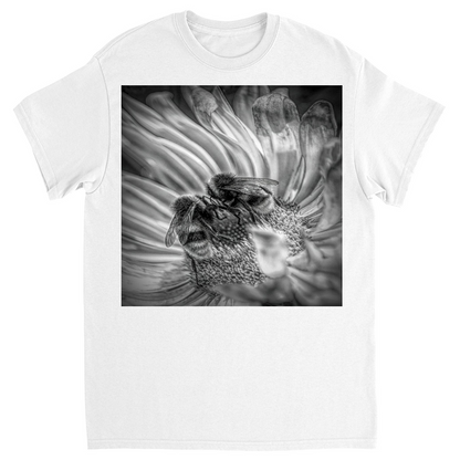 Black and White Bees on Flower Unisex Adult T-Shirt White Shirts & Tops apparel