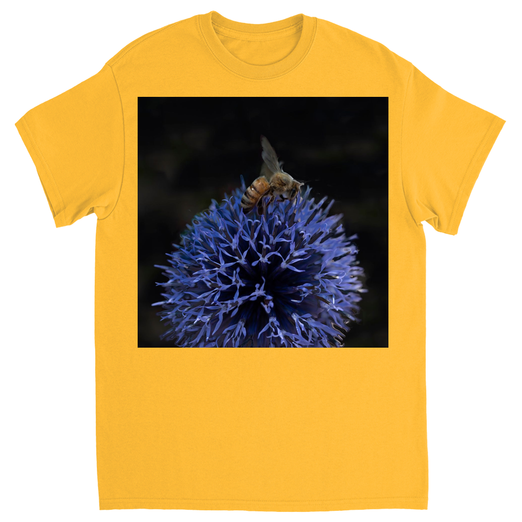 Bee on a Purple Ball Flower Unisex Adult T-Shirt Gold Shirts & Tops apparel