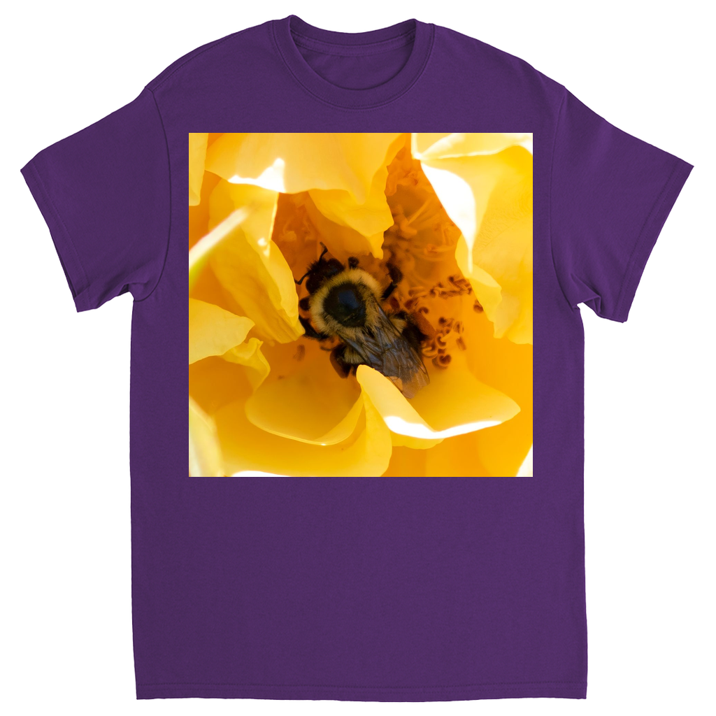 Bee in a Yellow Rose Unisex Adult T-Shirt Purple Shirts & Tops apparel