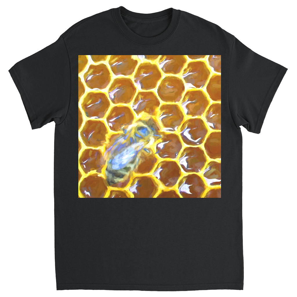 Bee on Honeycomb Unisex Adult T-Shirt Black Shirts & Tops apparel
