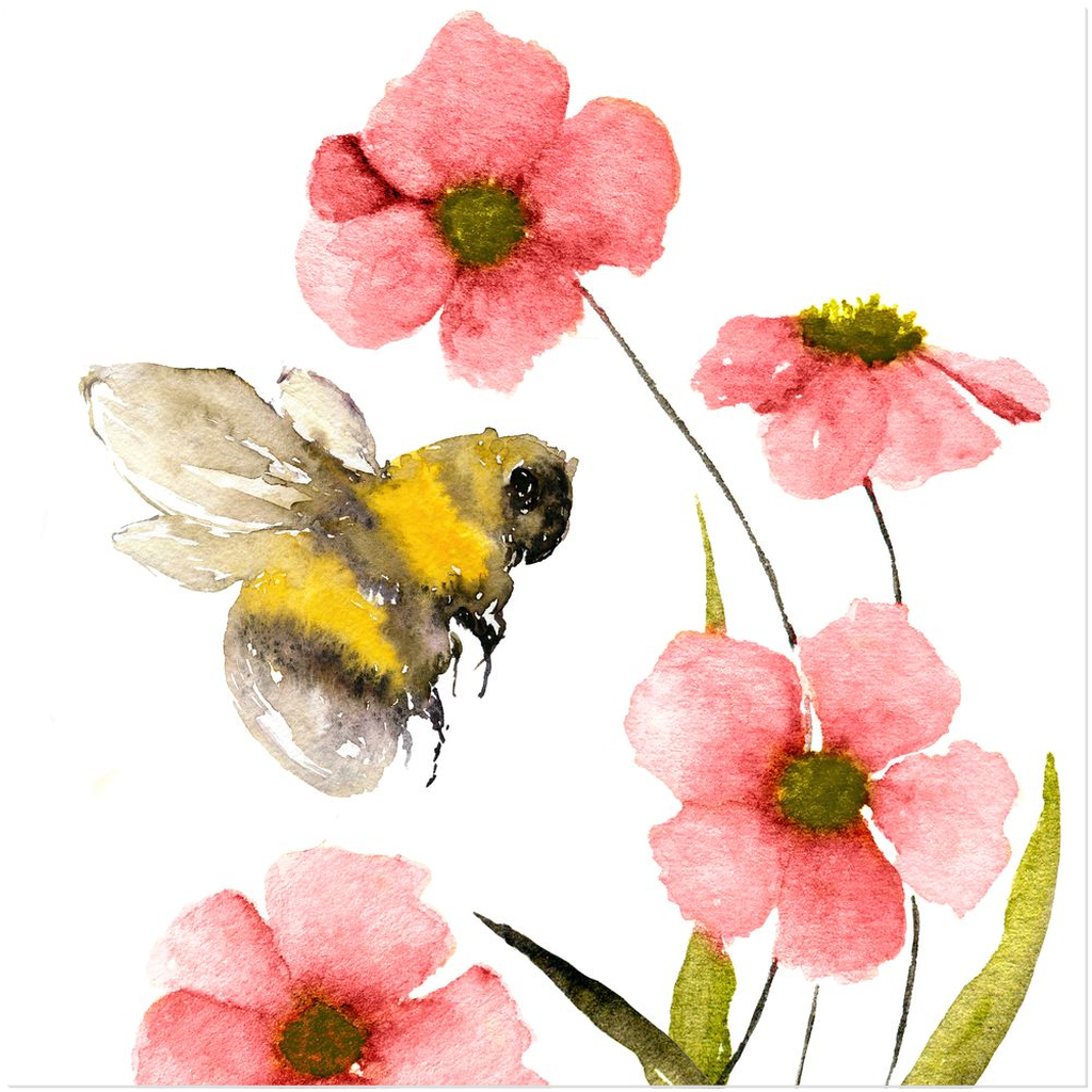 Classic Watercolor Bee with Pink Flowers- Acrylic Print 20x20 inch Posters, Prints, & Visual Artwork Acrylic Prints Original Art
