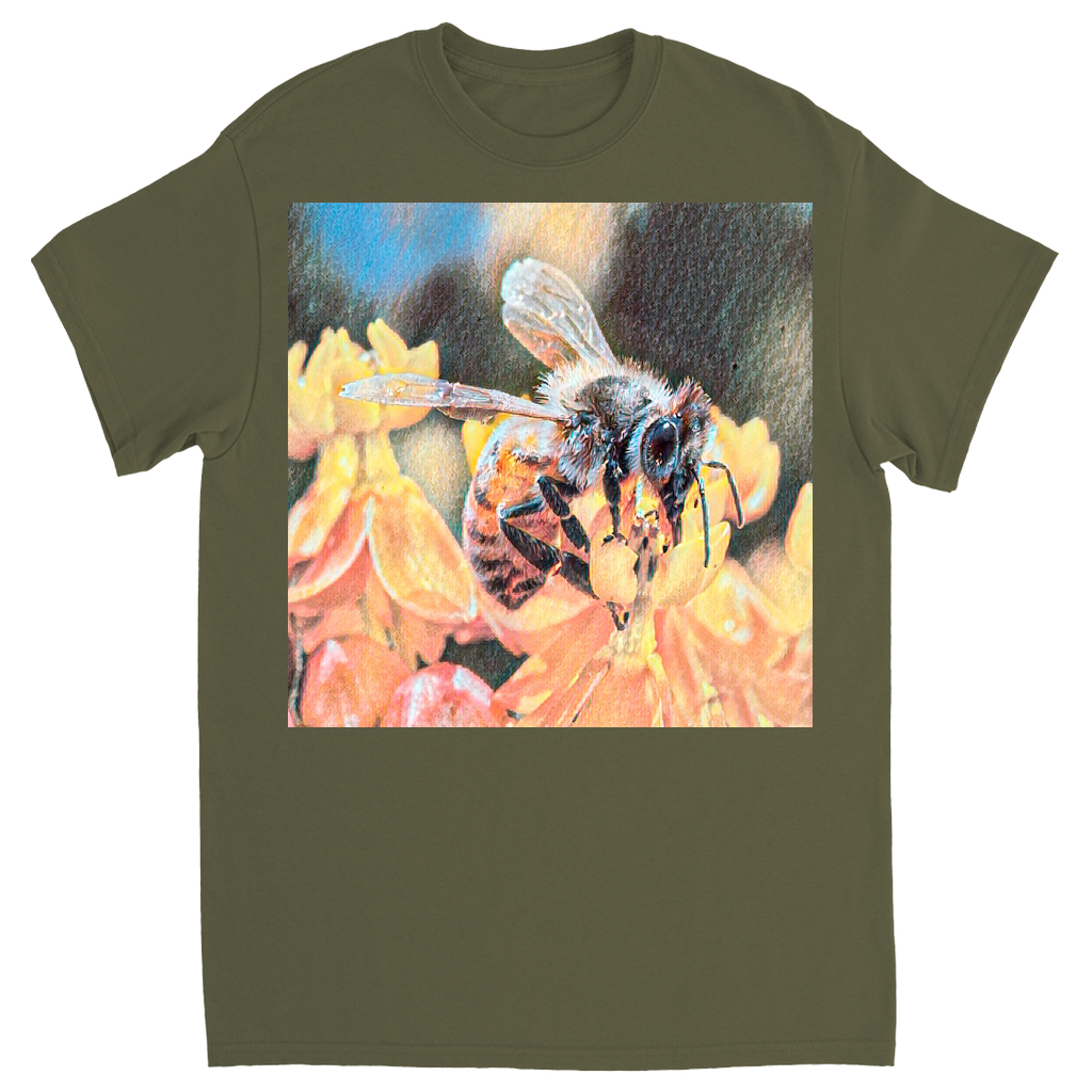 Watercolor Bee Sipping Unisex Adult T-Shirt Military Green Shirts & Tops apparel