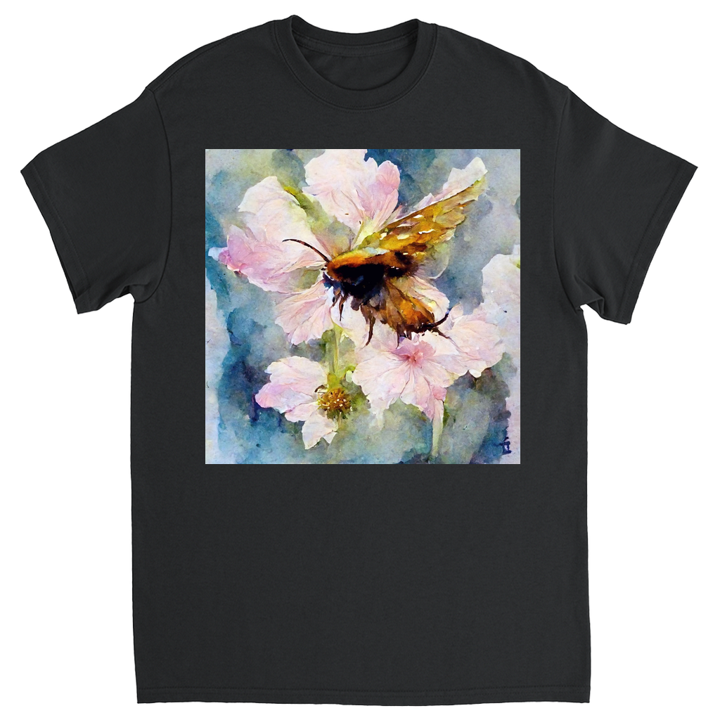 Watercolor Bee Landing on Flower Bee Unisex Adult T-Shirt Black Shirts & Tops apparel Watercolor Bee Landing on Flower