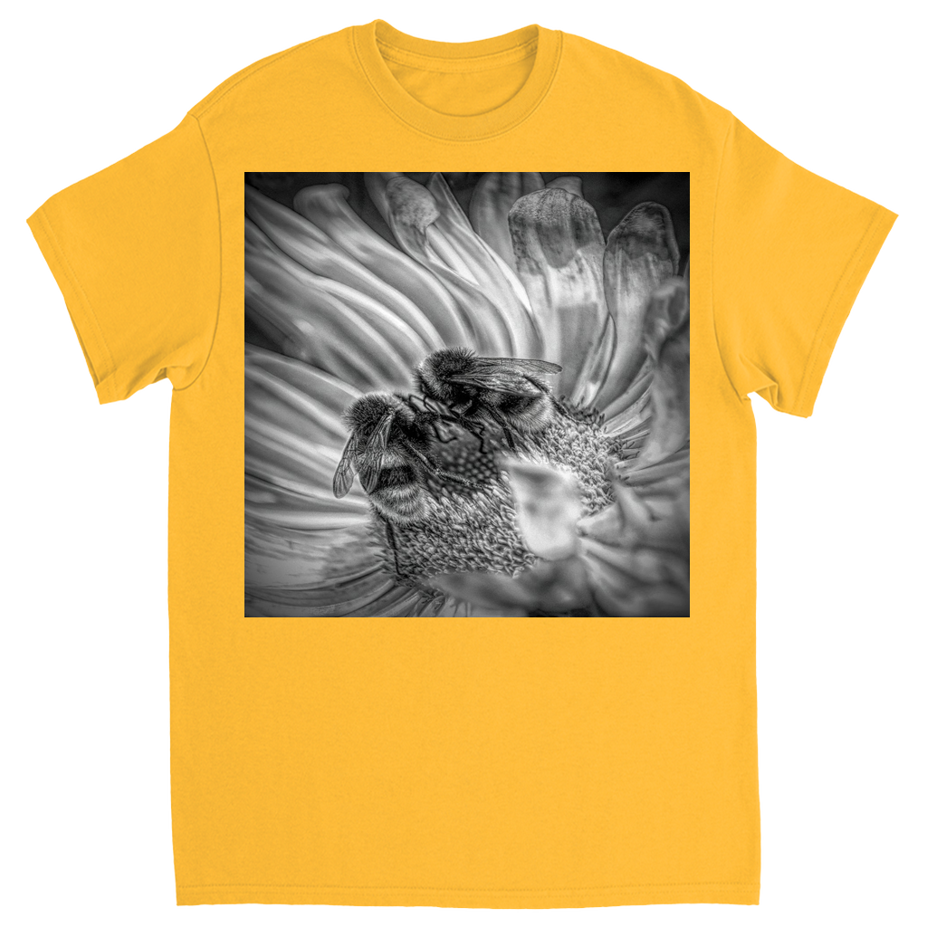Black and White Bees on Flower Unisex Adult T-Shirt Gold Shirts & Tops apparel