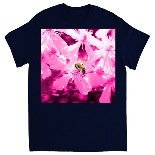 Bee with Glowing Pink Flowers Unisex Adult T-Shirt Navy Blue Shirts & Tops apparel