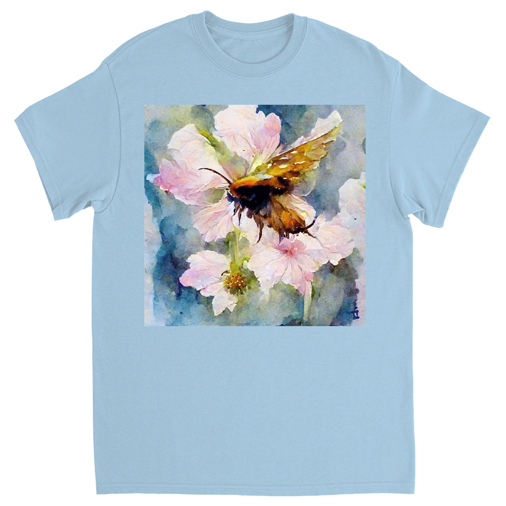 Watercolor Bee Landing on Flower Bee Unisex Adult T-Shirt Light Blue Shirts & Tops apparel Watercolor Bee Landing on Flower