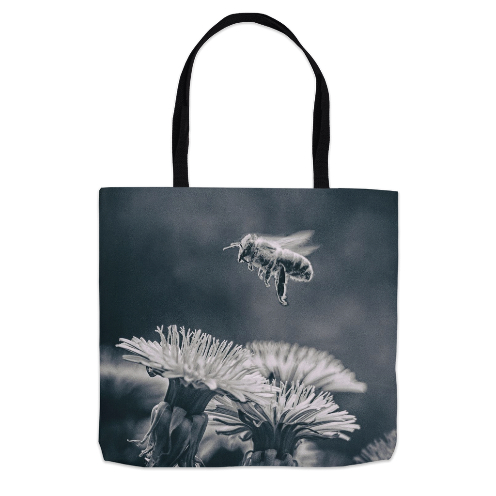 B&W Bee Hovering Over Flower Tote Bag 16x16 inch Shopping Totes bee tote bag gift for bee lover gifts original art tote bag totes zero waste bag