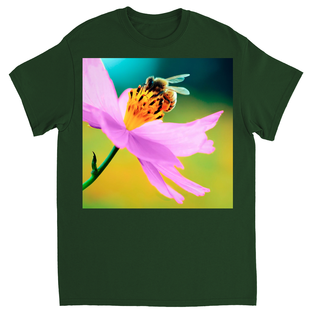 Bee on Delicate Purple Flower Unisex Adult T-Shirt Forest Green Shirts & Tops apparel