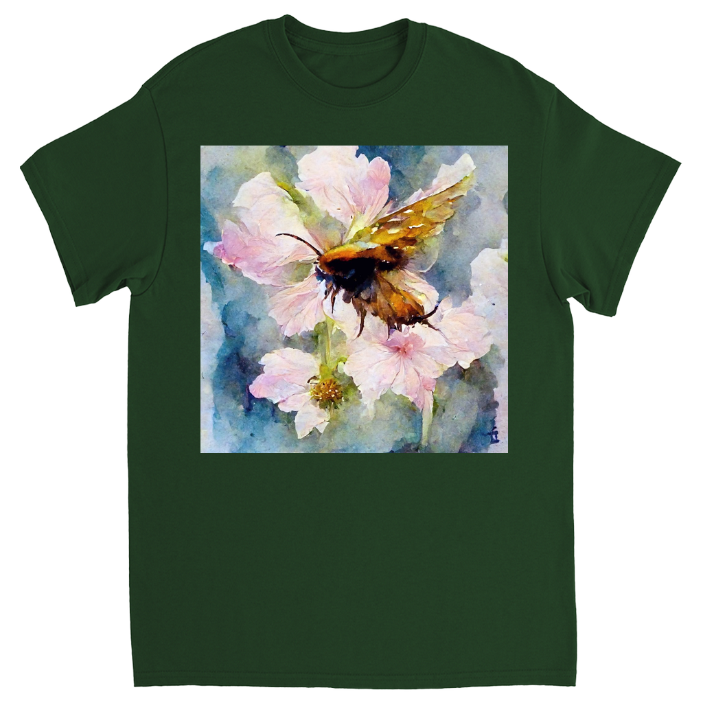 Watercolor Bee Landing on Flower Bee Unisex Adult T-Shirt Forest Green Shirts & Tops apparel Watercolor Bee Landing on Flower