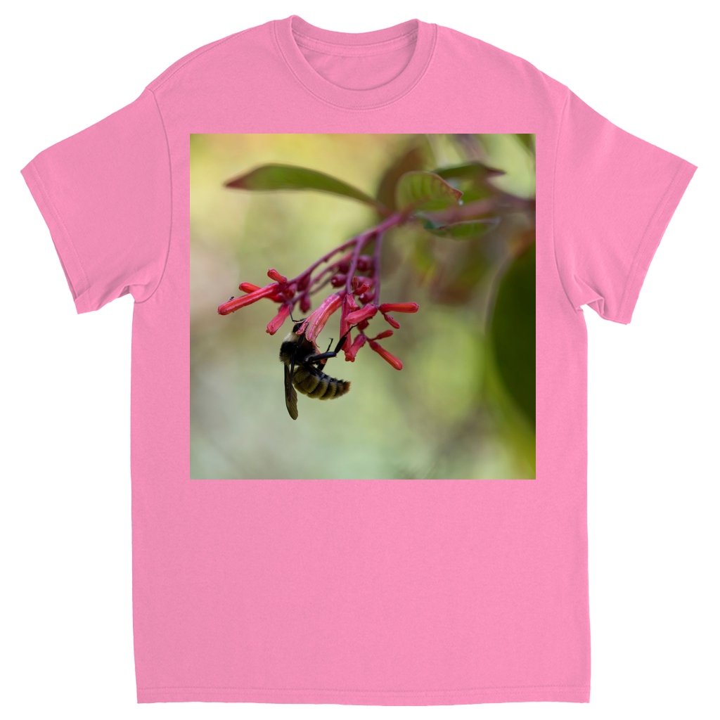 Bee Hanging on Red Flowers Unisex Adult T-Shirt Azalea Shirts & Tops apparel Bee Hanging on Red Flowers