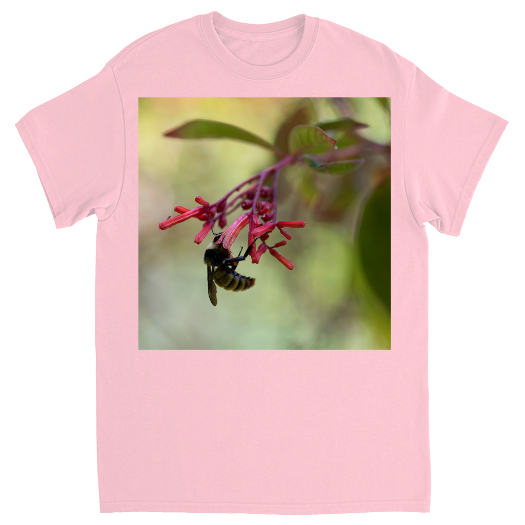 Bee Hanging on Red Flowers Unisex Adult T-Shirt Light Pink Shirts & Tops apparel Bee Hanging on Red Flowers