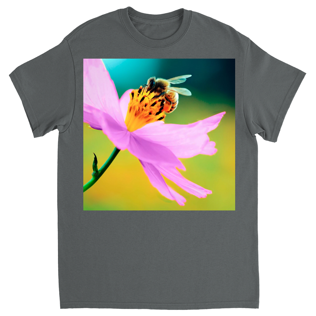 Bee on Delicate Purple Flower Unisex Adult T-Shirt Charcoal Shirts & Tops apparel
