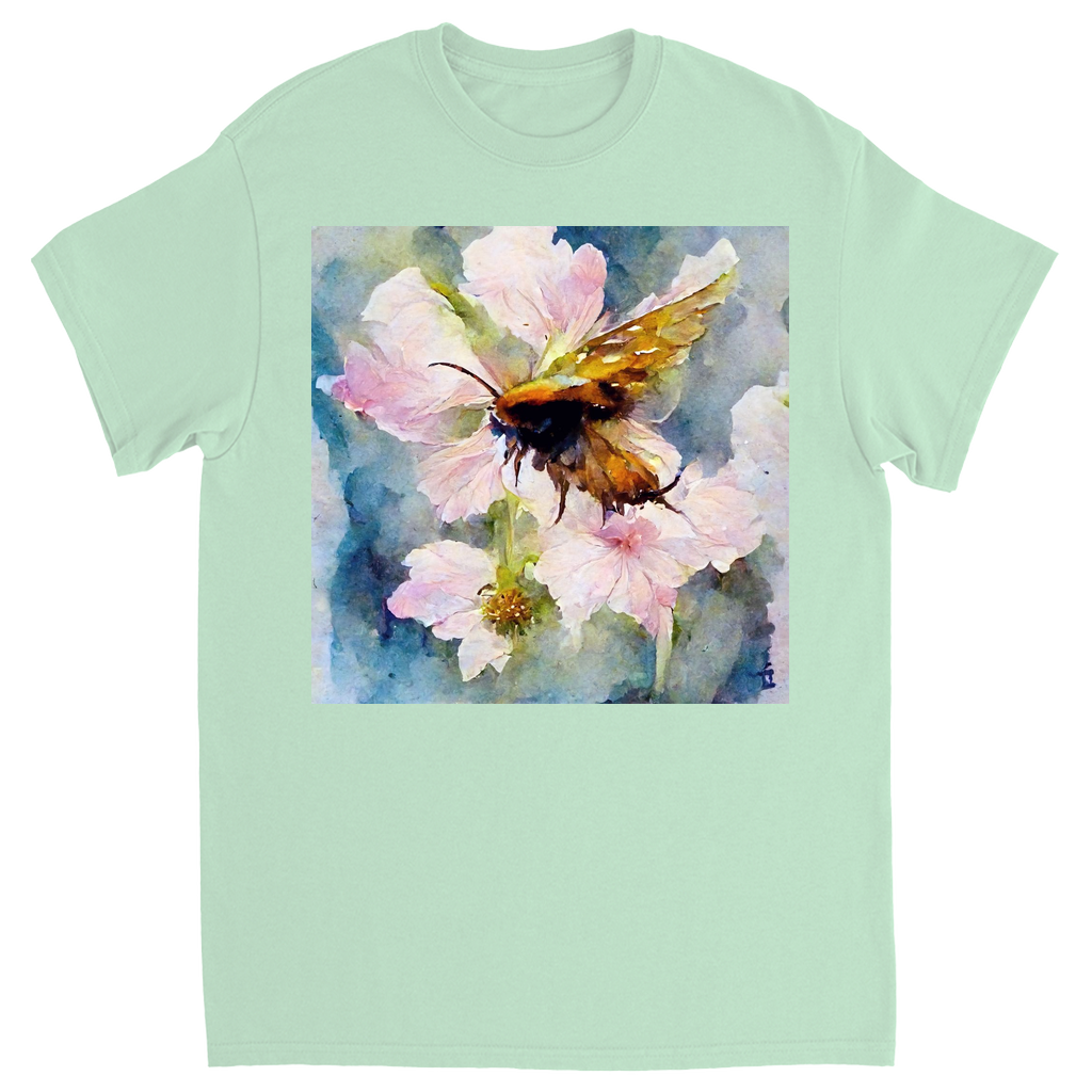 Watercolor Bee Landing on Flower Bee Unisex Adult T-Shirt Mint Shirts & Tops apparel Watercolor Bee Landing on Flower