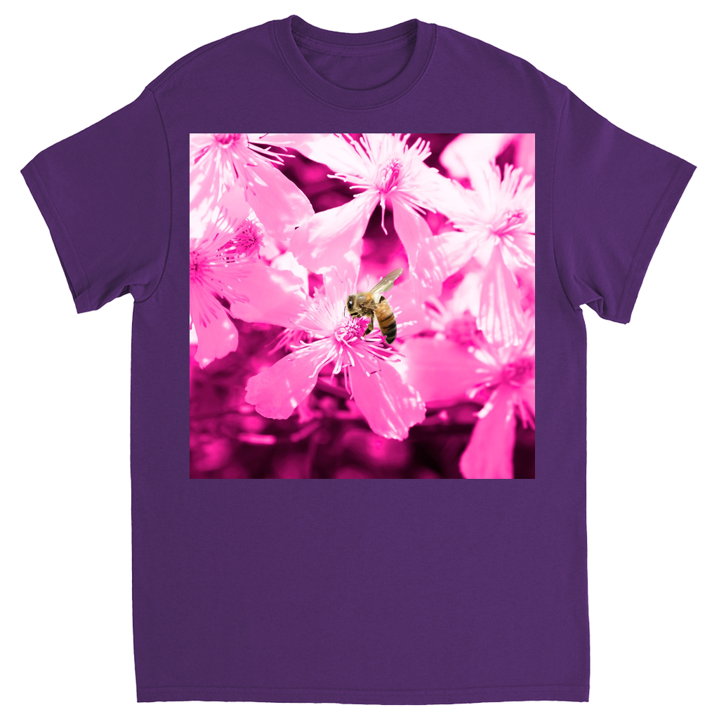 Bee with Glowing Pink Flowers Unisex Adult T-Shirt Purple Shirts & Tops apparel