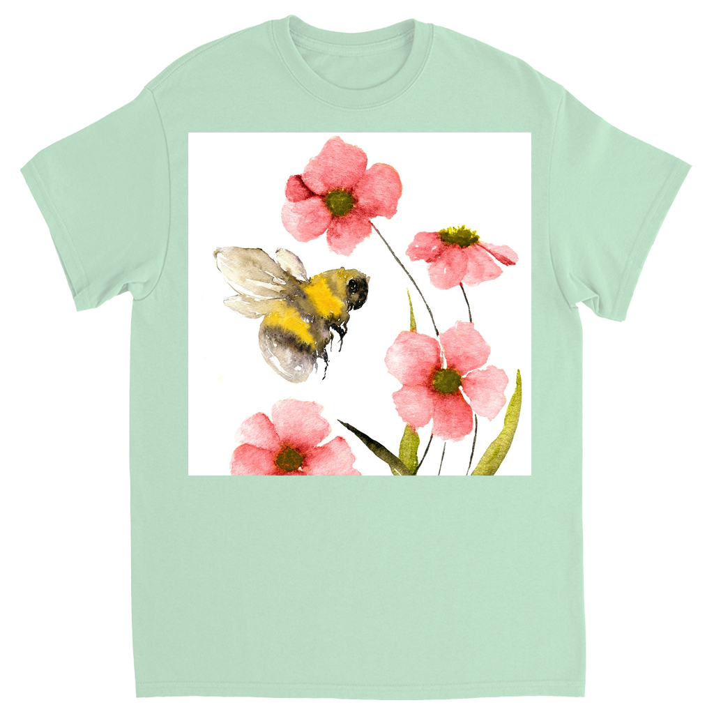 Classic Watercolor Bee with Pink Flowers Unisex Adult T-Shirt Mint Shirts & Tops apparel