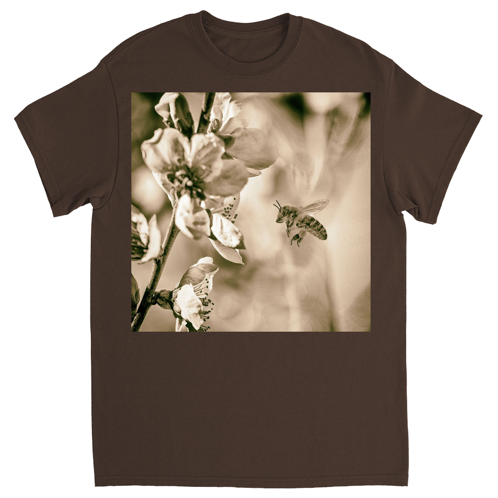 Sepia Bee with Flower Unisex Adult T-Shirt Dark Chocolate Shirts & Tops apparel