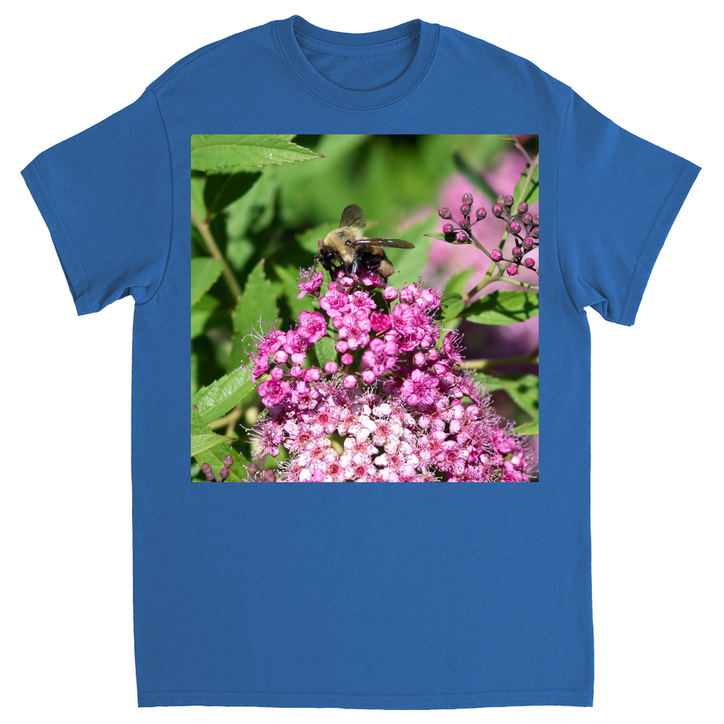 Bumble Bee on a Mound of Pink Flowers Unisex Adult T-Shirt Royal Shirts & Tops apparel