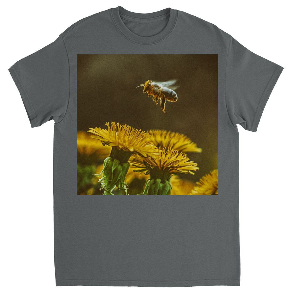 Golden Bee Hovering Over Flower Unisex Adult T-Shirt Charcoal Shirts & Tops
