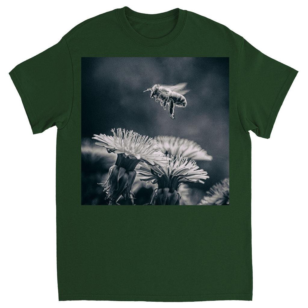 B&W Bee Hovering Over Flower Forest Green Shirts & Tops apparel