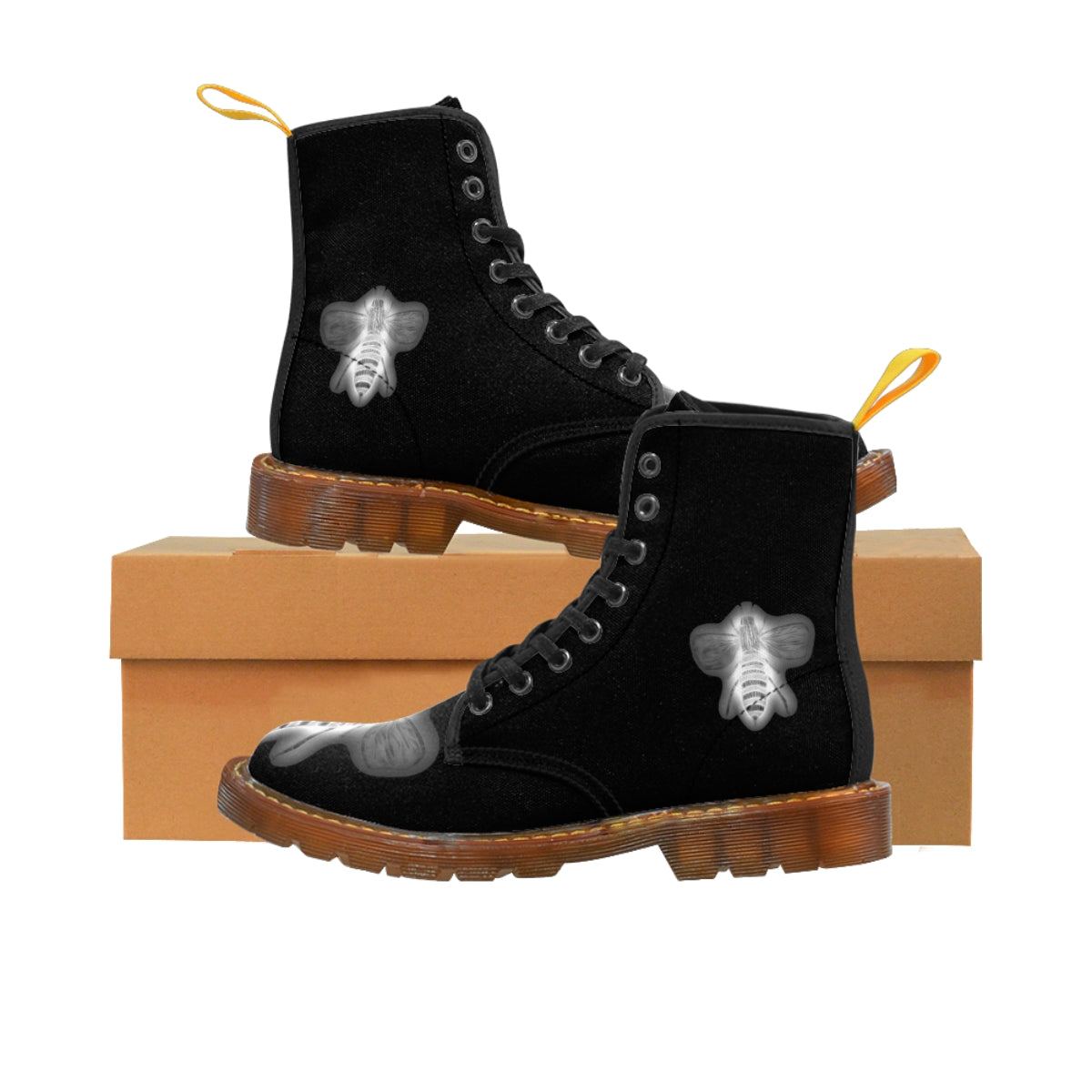 Negative Bee Women's Black Canvas Boots Brown Shoes Bee boots combat boots fun womens boots original art boots Shoes unique womens boots vegan boots vegan combat boots womens black boots womens boots womens fashion boots